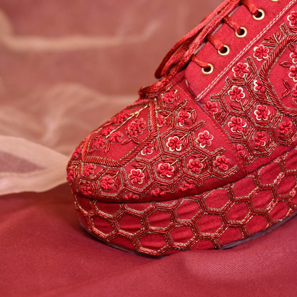 Red Sneakers With Heels and Intricate Designs