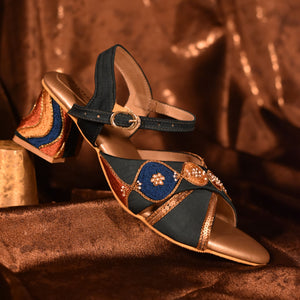 Block heel sandals with thread and zari hand work