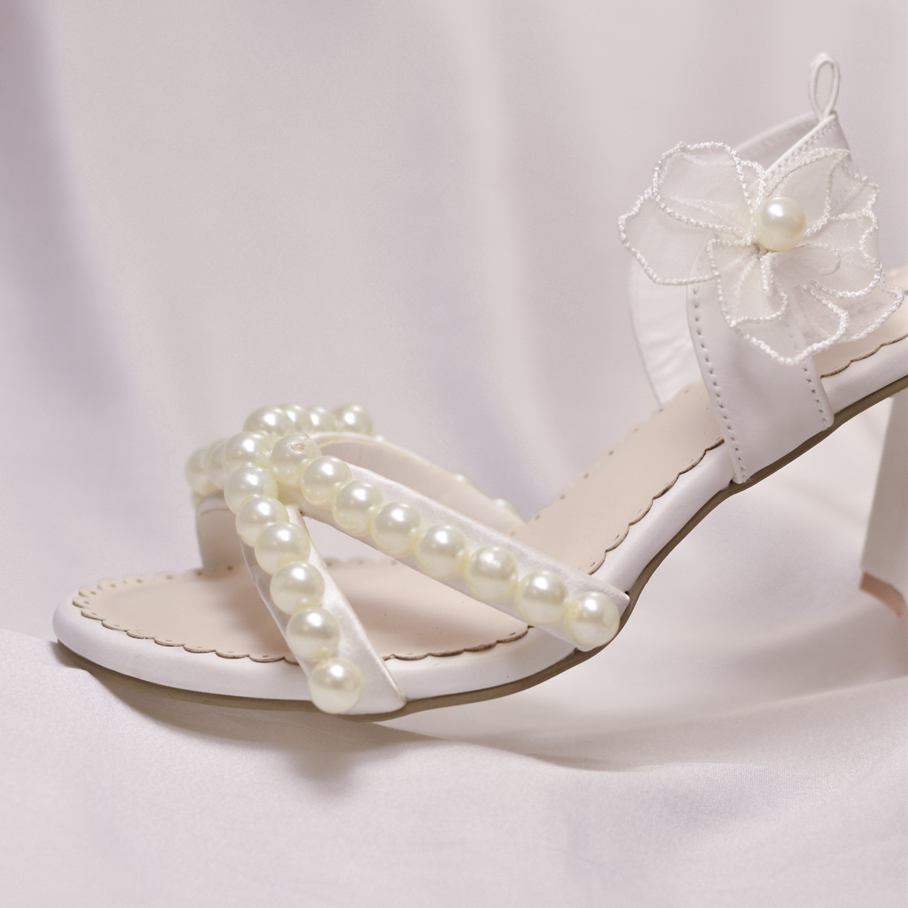 White wedding sandals with flared heels