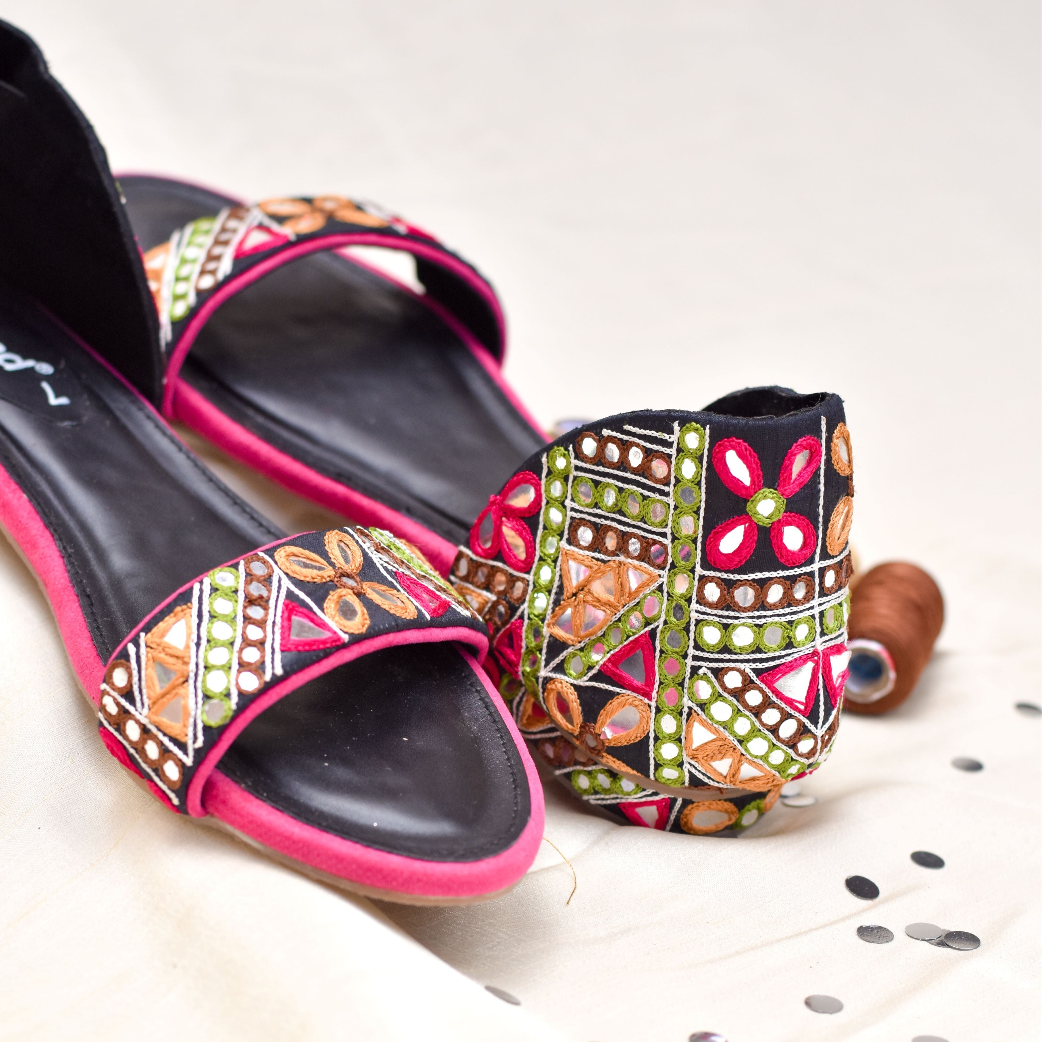 Multicolour Designer Flats with Mirror Hand Work
