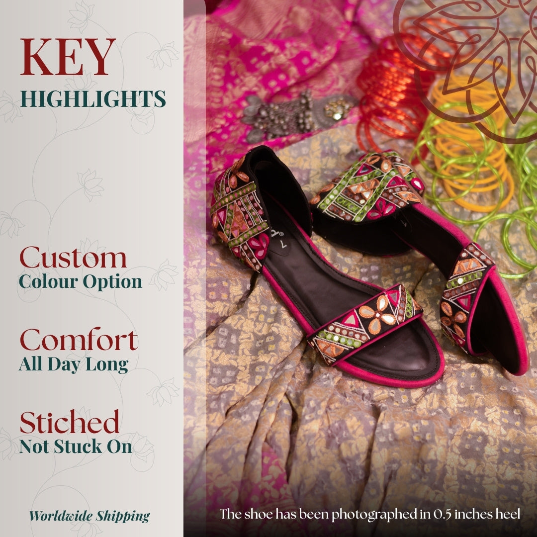 Boho style sandal with geometric patterns and bright handcrafted design