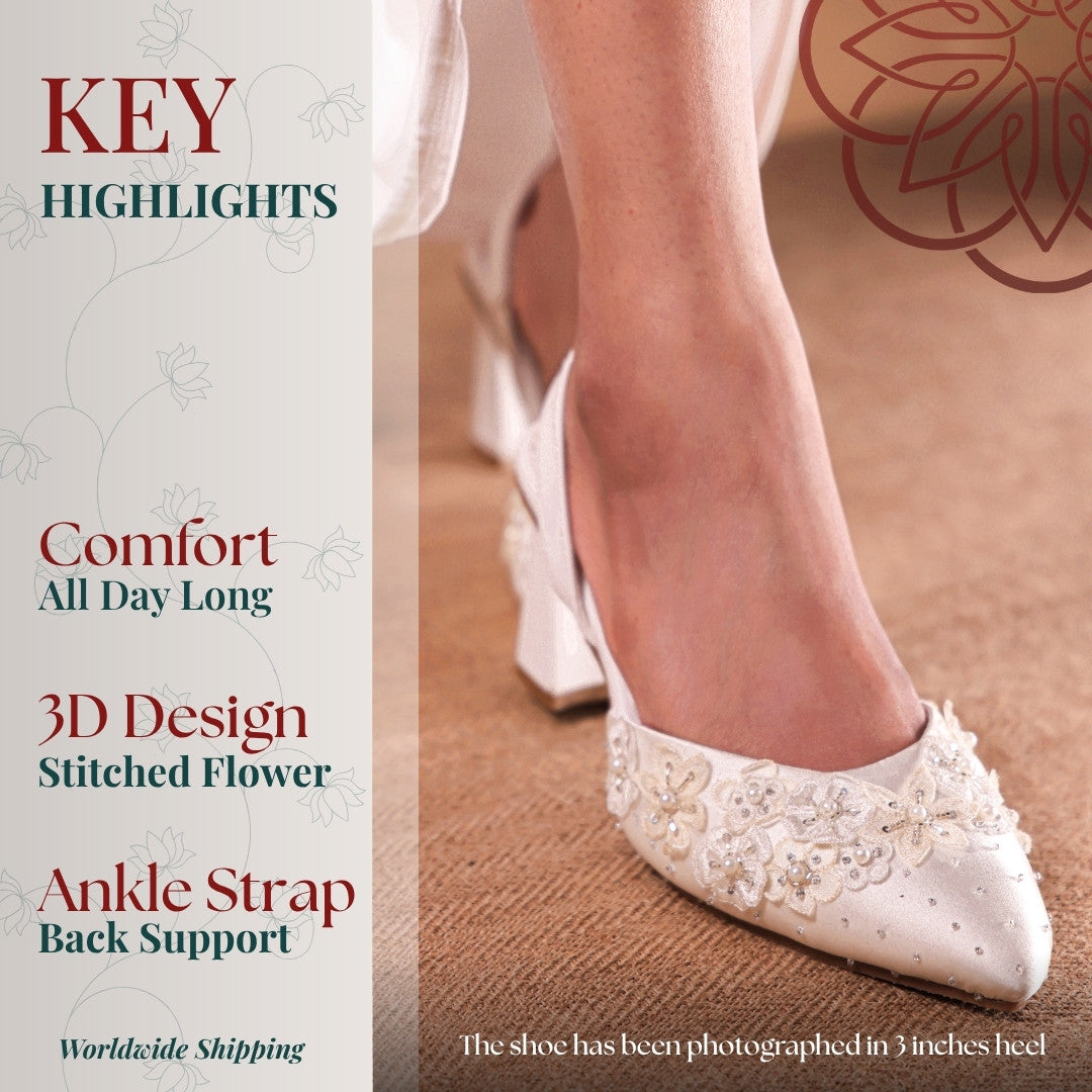 White shoe with 3D floral embellishments for a Christian wedding gown