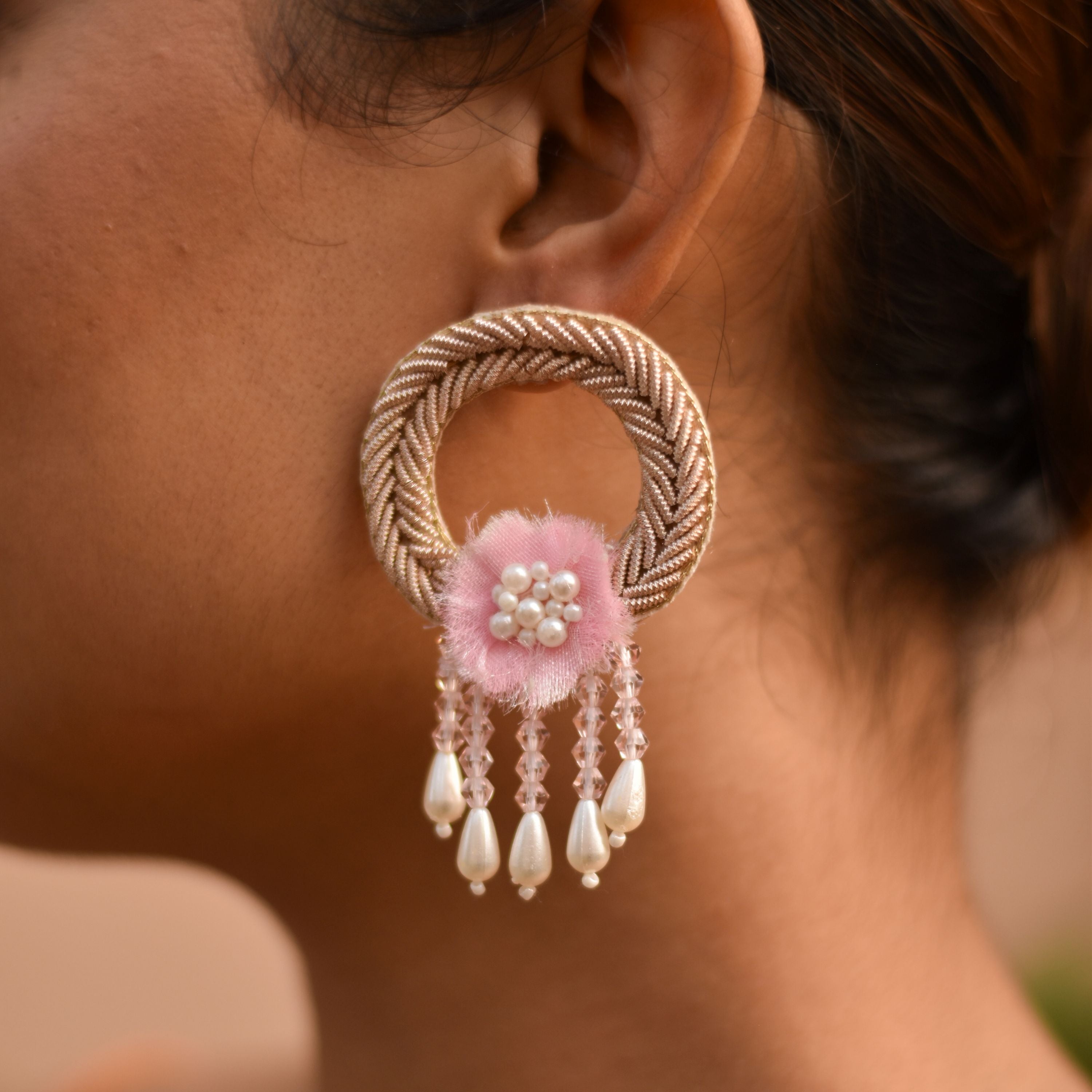 Ornate Zardozi embroidered earrings with soft pearl and 3D Flower details