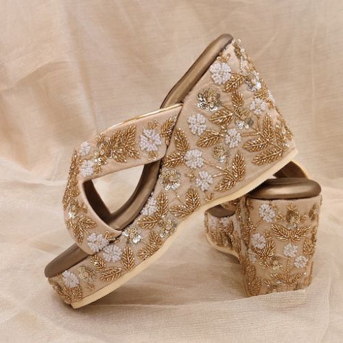 Ira nude bridal wedges with tone-on-tone heels, featuring golden glass beads, white pearls, and sequins—lightweight, cushioned, and comfortable for all-day wear.