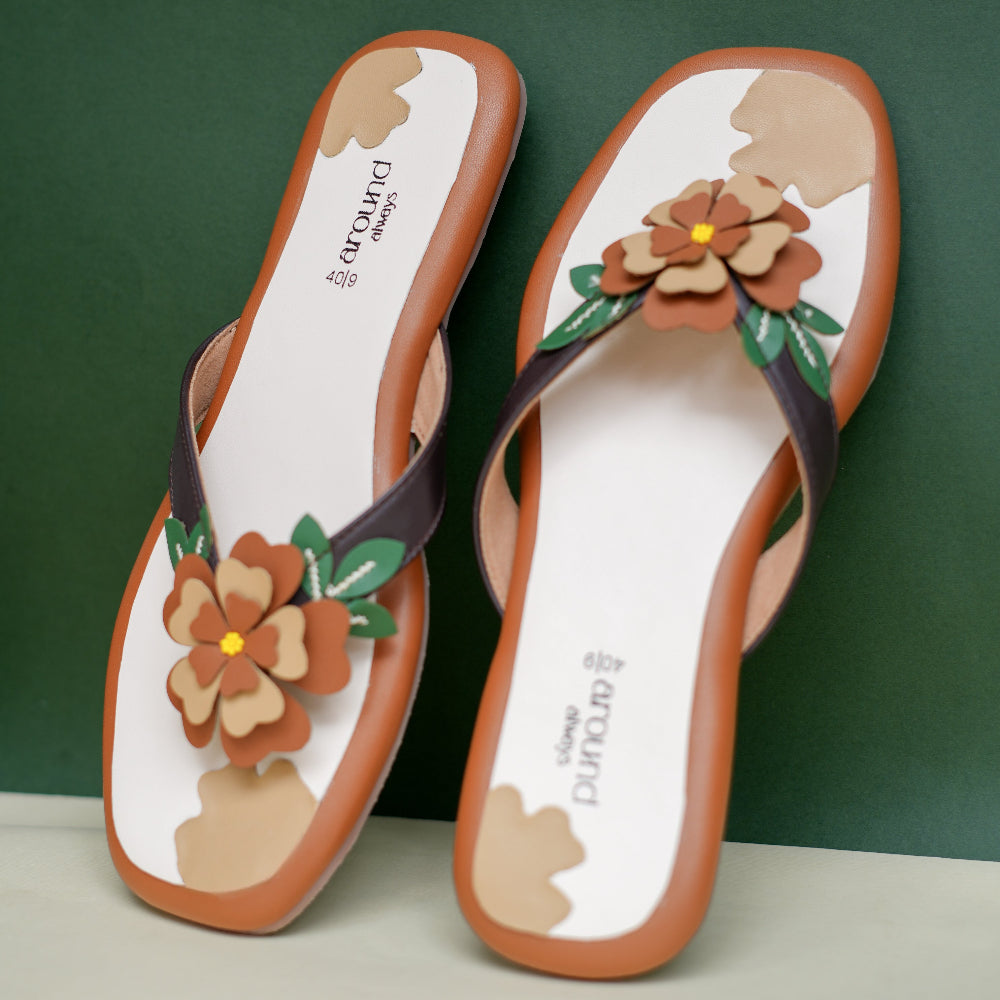 Handmade floral footwear in terracotta, cream and green
