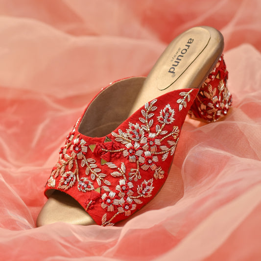 Red bridal sandals for traditional bridal sarees from India