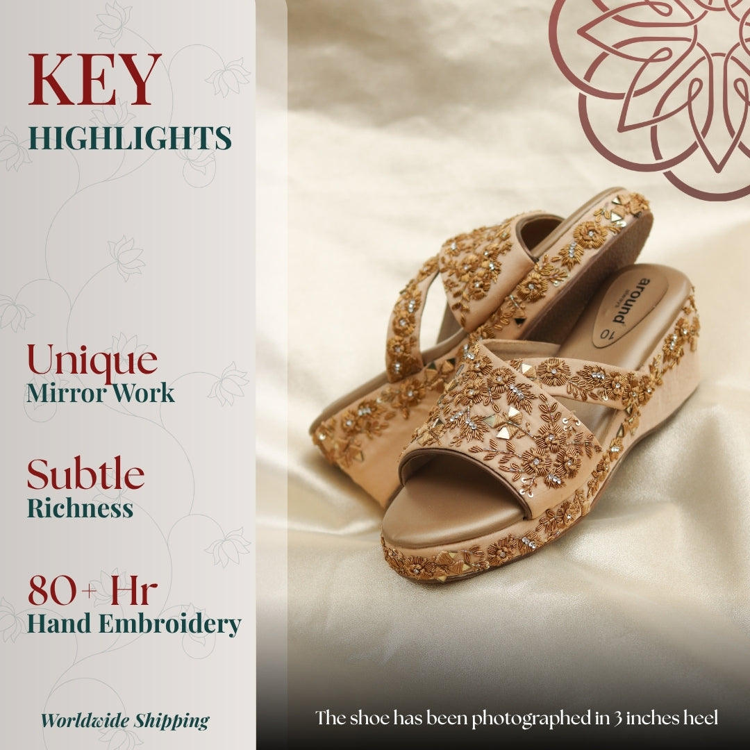 golden embroidered wedge sandals with mirror work and intricate hand detailing