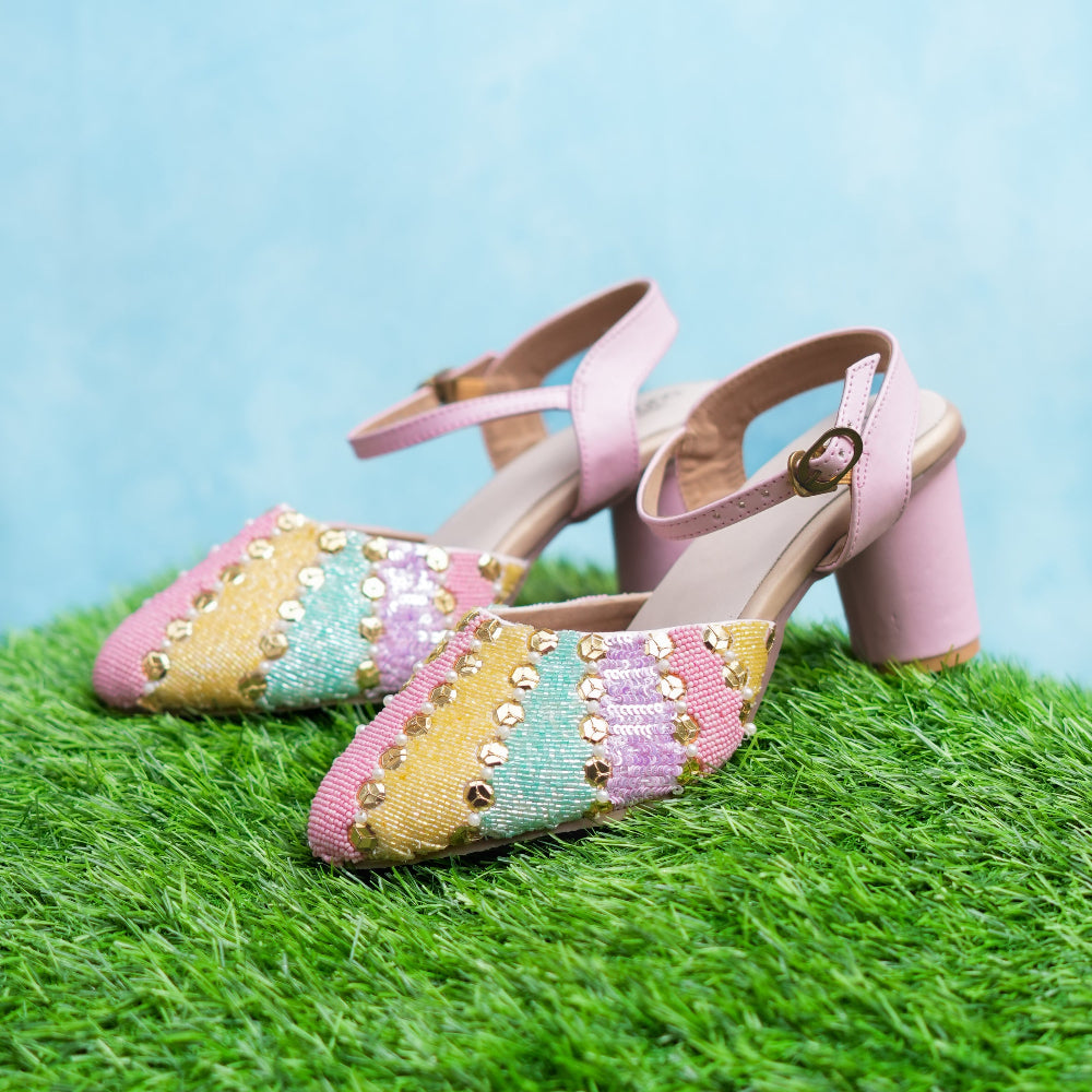 Soft pastel colour block heels with back strap , also added comfortable insole.