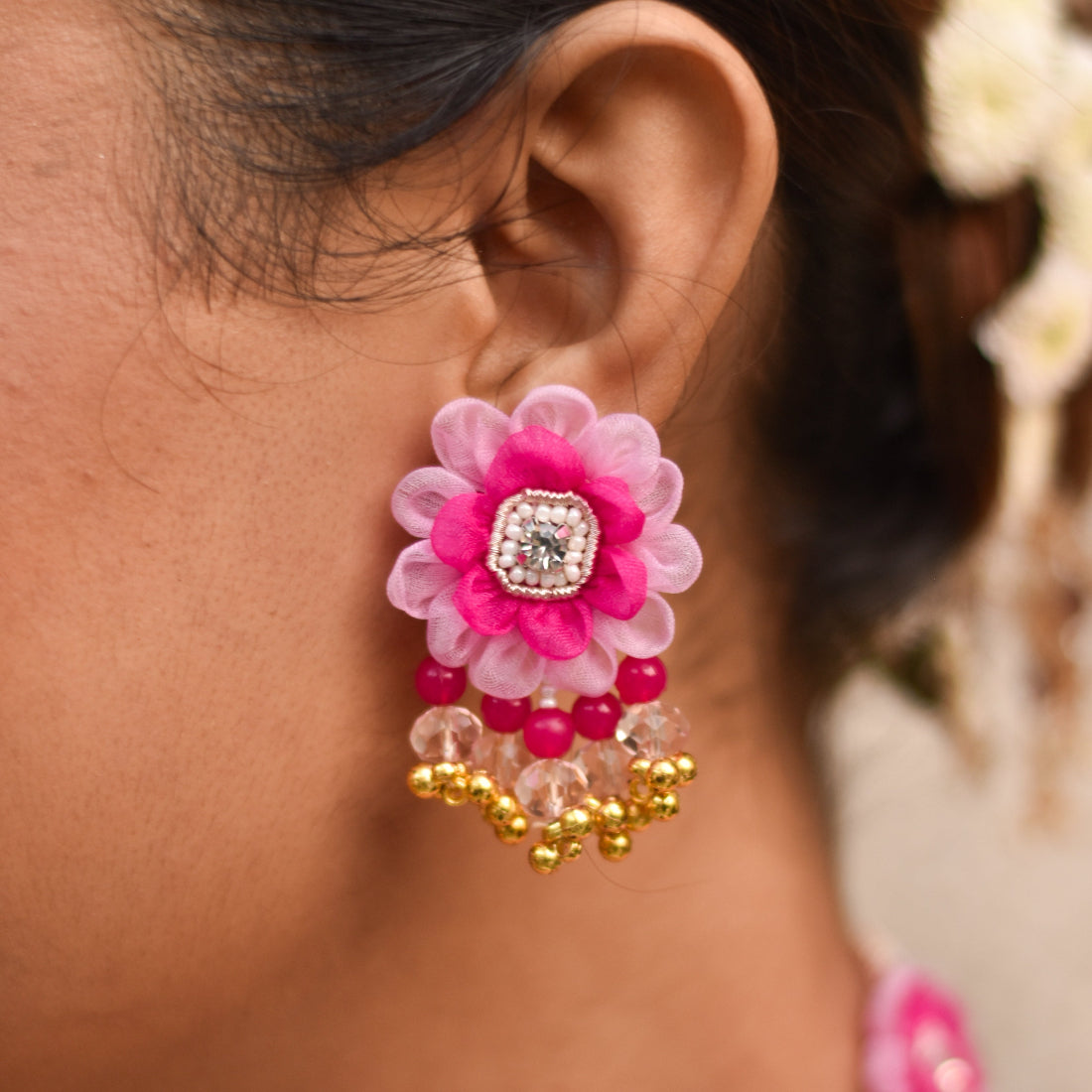 Pink handmade floral organza earrings for Indian brides and bridesmaids 
