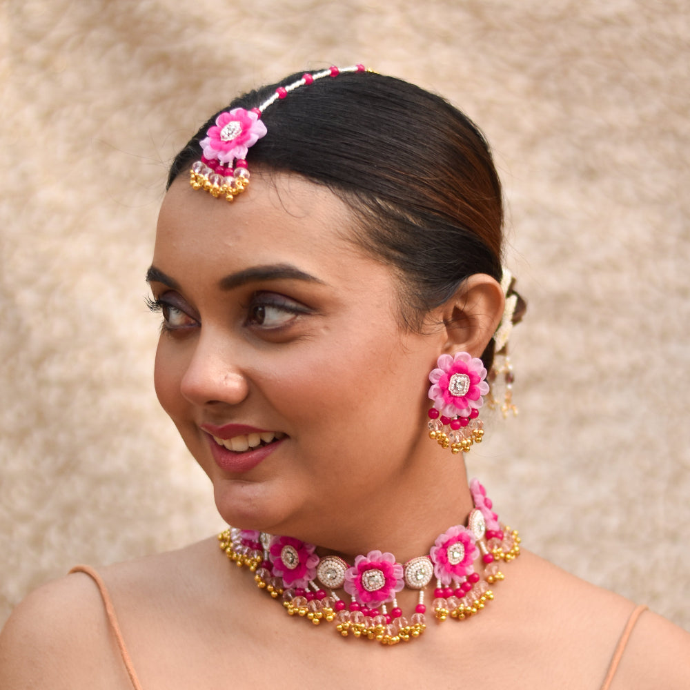 Pink haldi mehendi imiation jewellery set with beads and ghungroo for trendy bridal look
