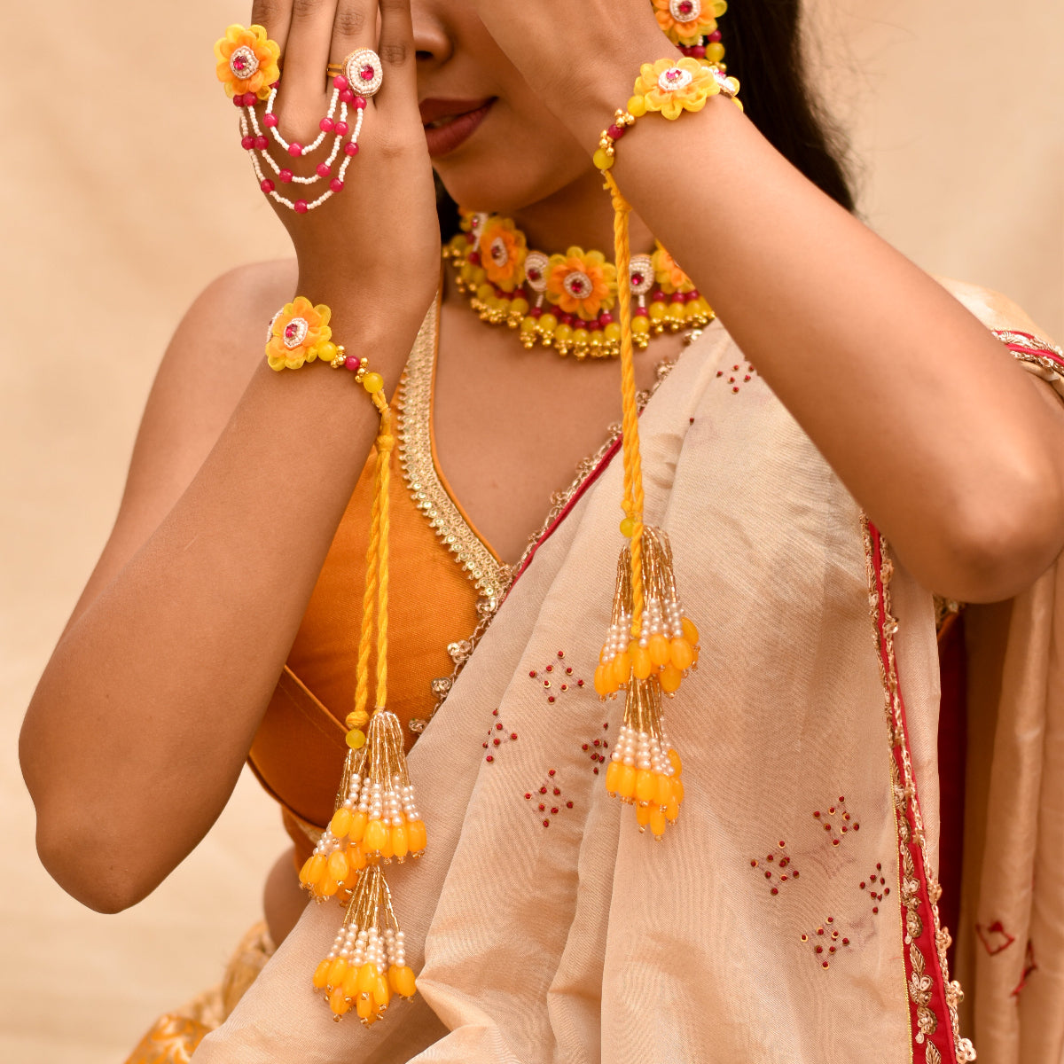 Long latkan hathphool set with multiple rings made of fabrics and non-metal items