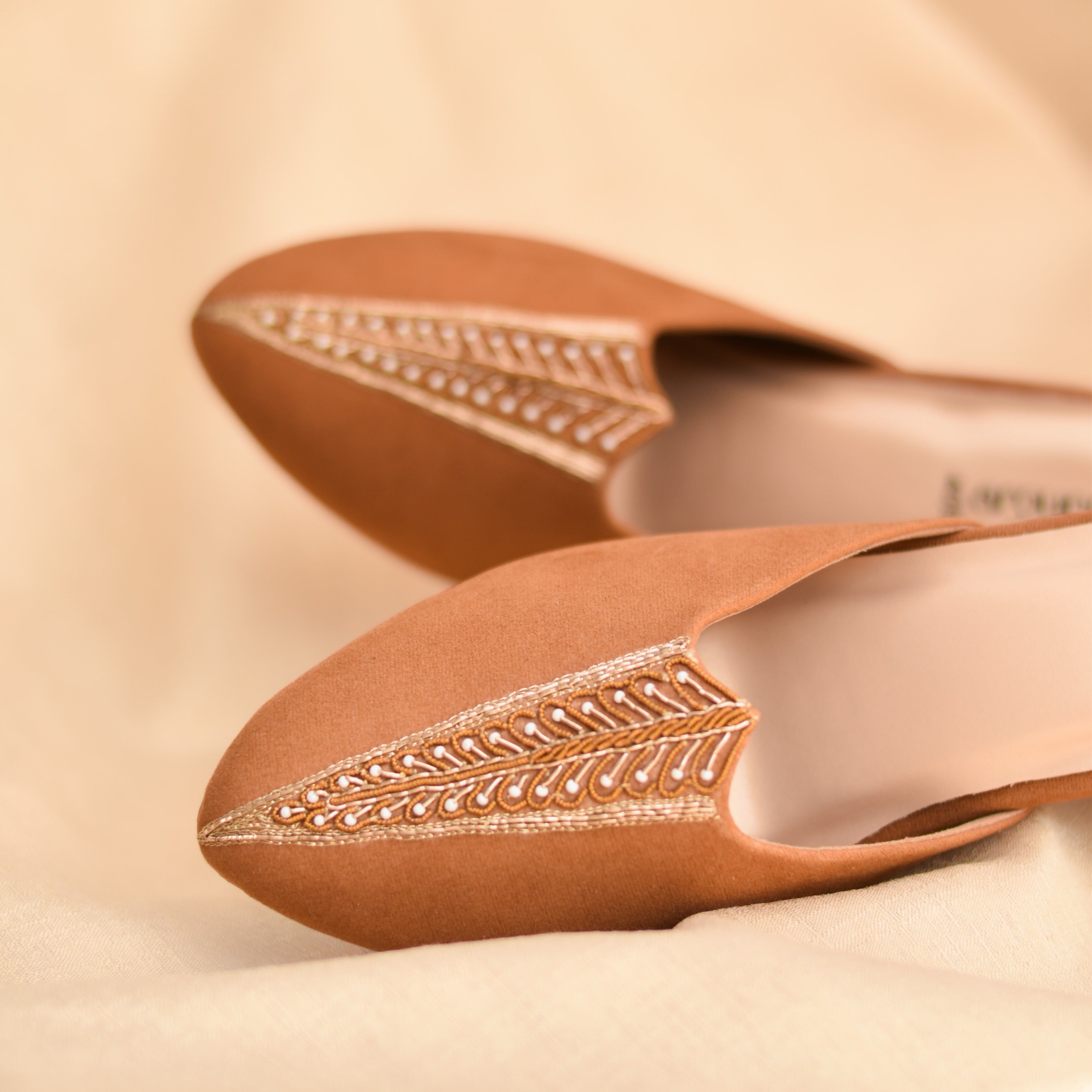 Premium Indian wear mules with heels with golden and tan colour combination