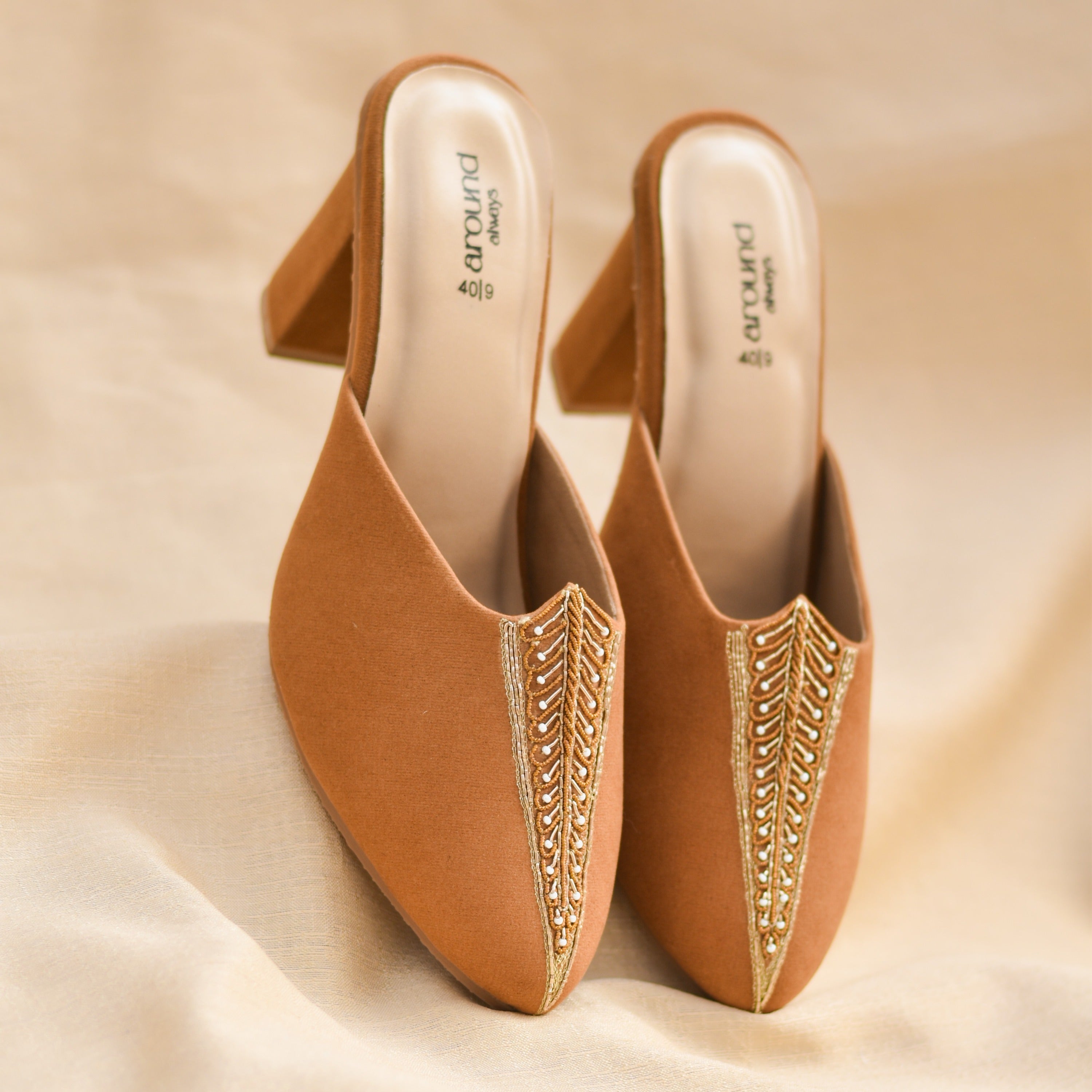 High heel mules with golden hand embroidery for women's ethnic wear