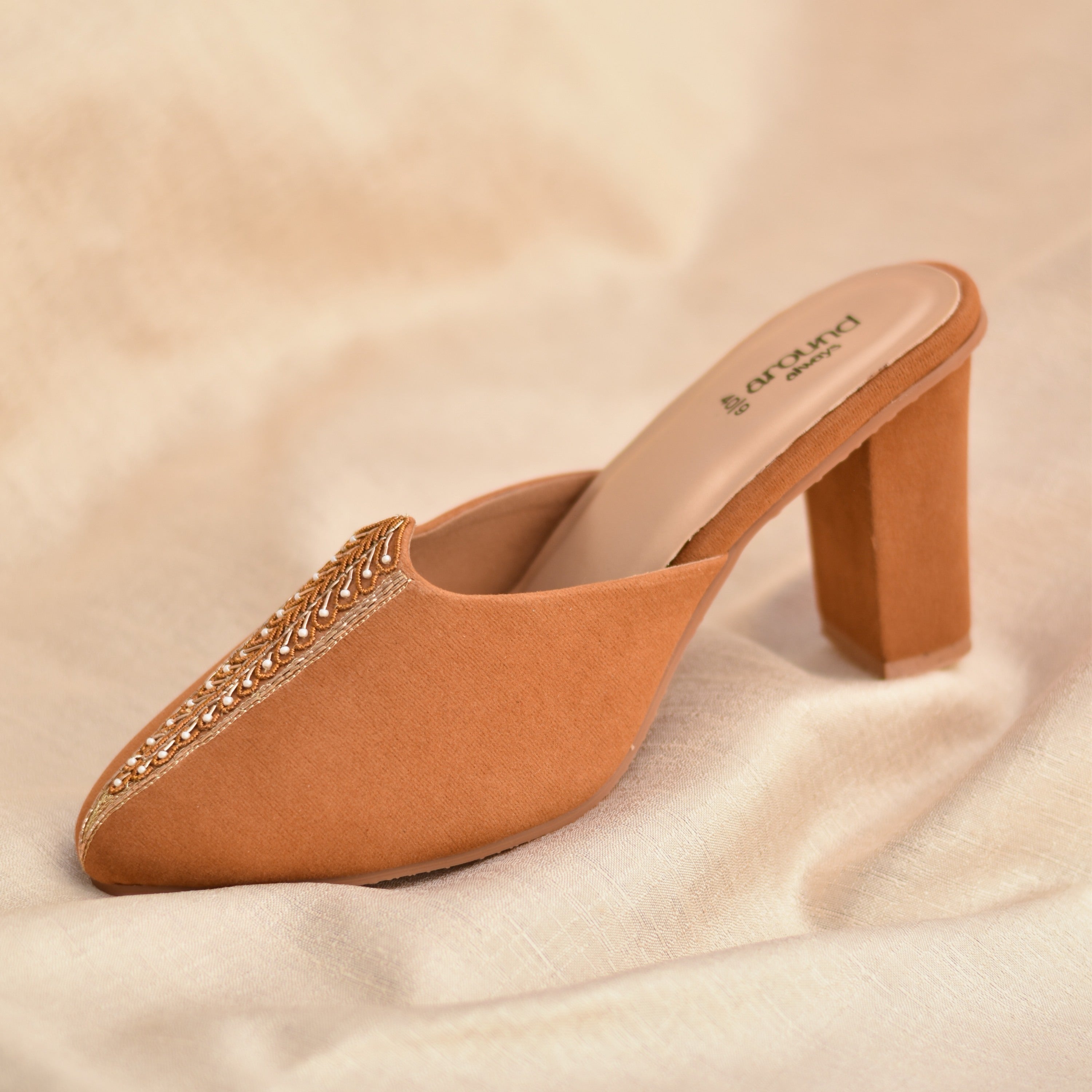 Tan high-heeled wedding shoe for Indian women for salwar kameez, saree and sharara