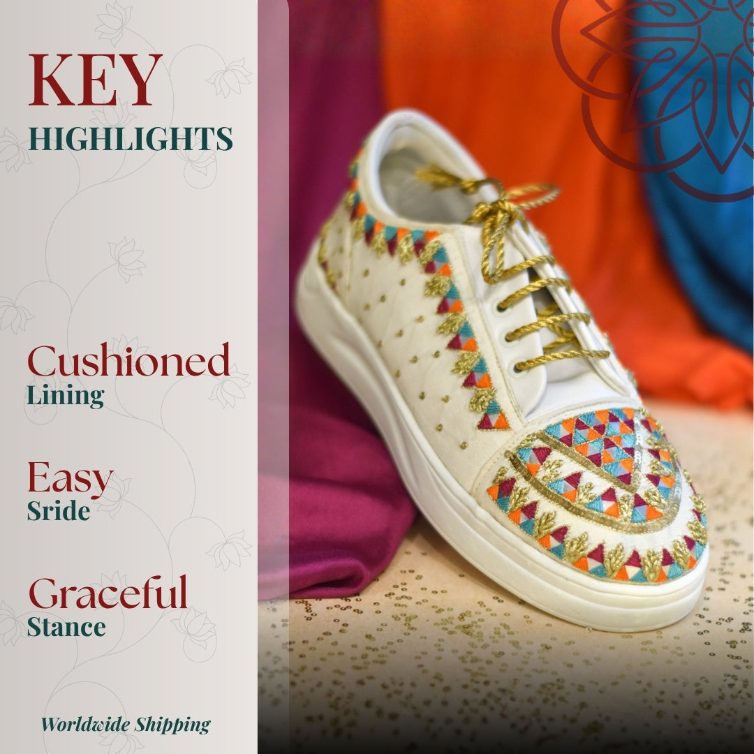 Decorative cream sneaker with multicolor patterns and cushioned sole
