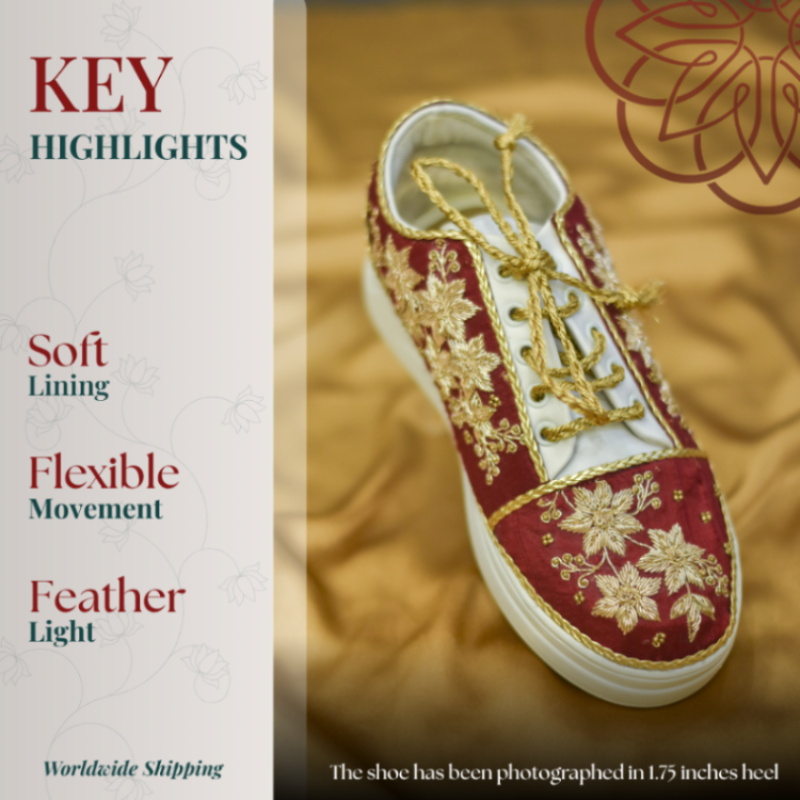 Fusion style sneaker wedge with ornate gold motifs and comfortable structure