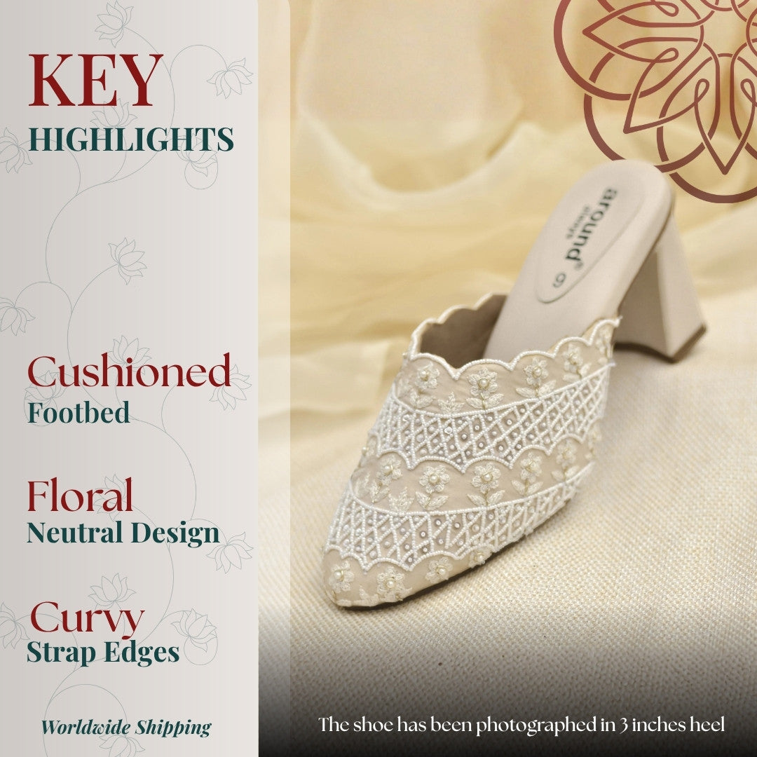 White tone on tone floral embroidered heels for occasion wear and Christian weddings