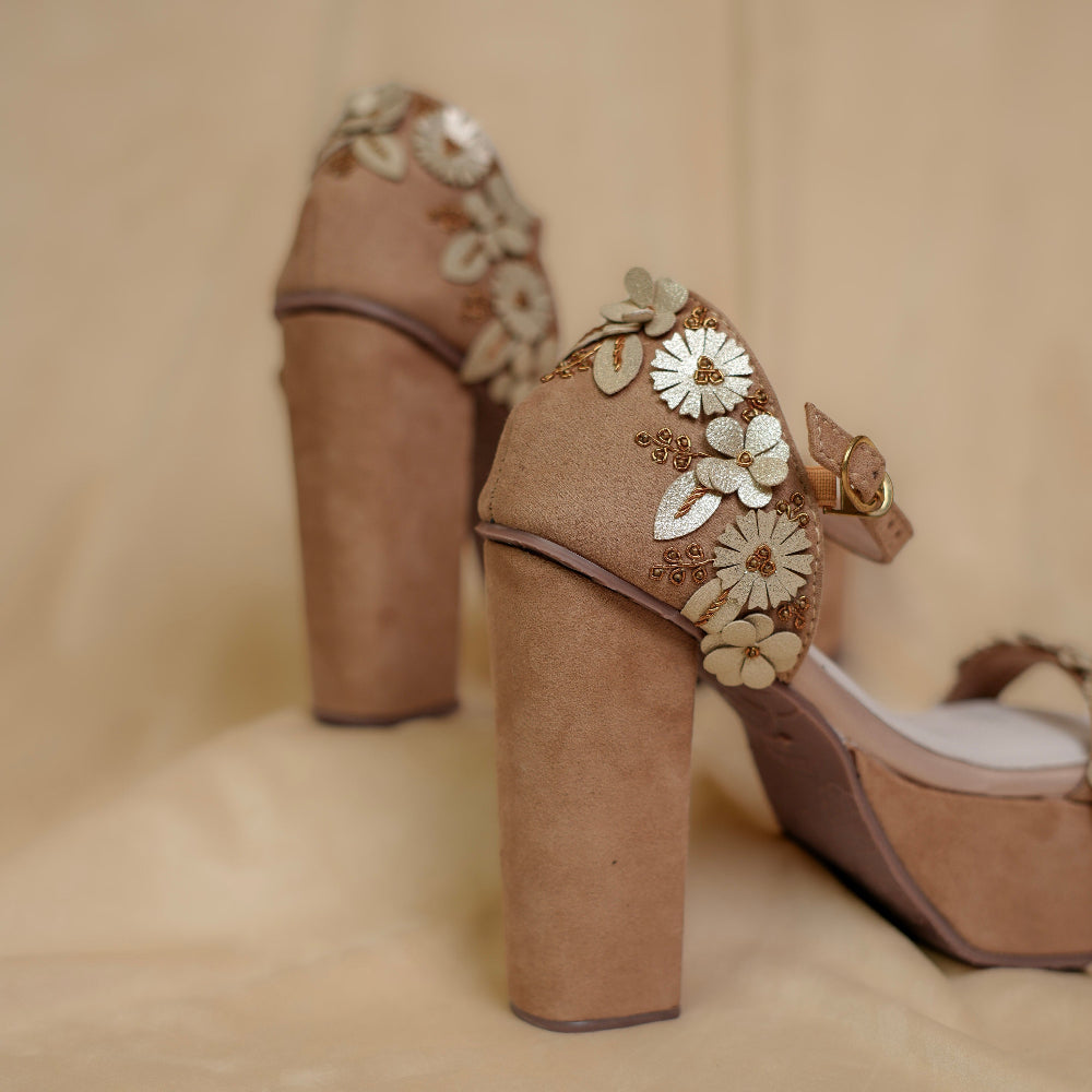 Open-toe taupe heels with 3D flower detailing and back strap
