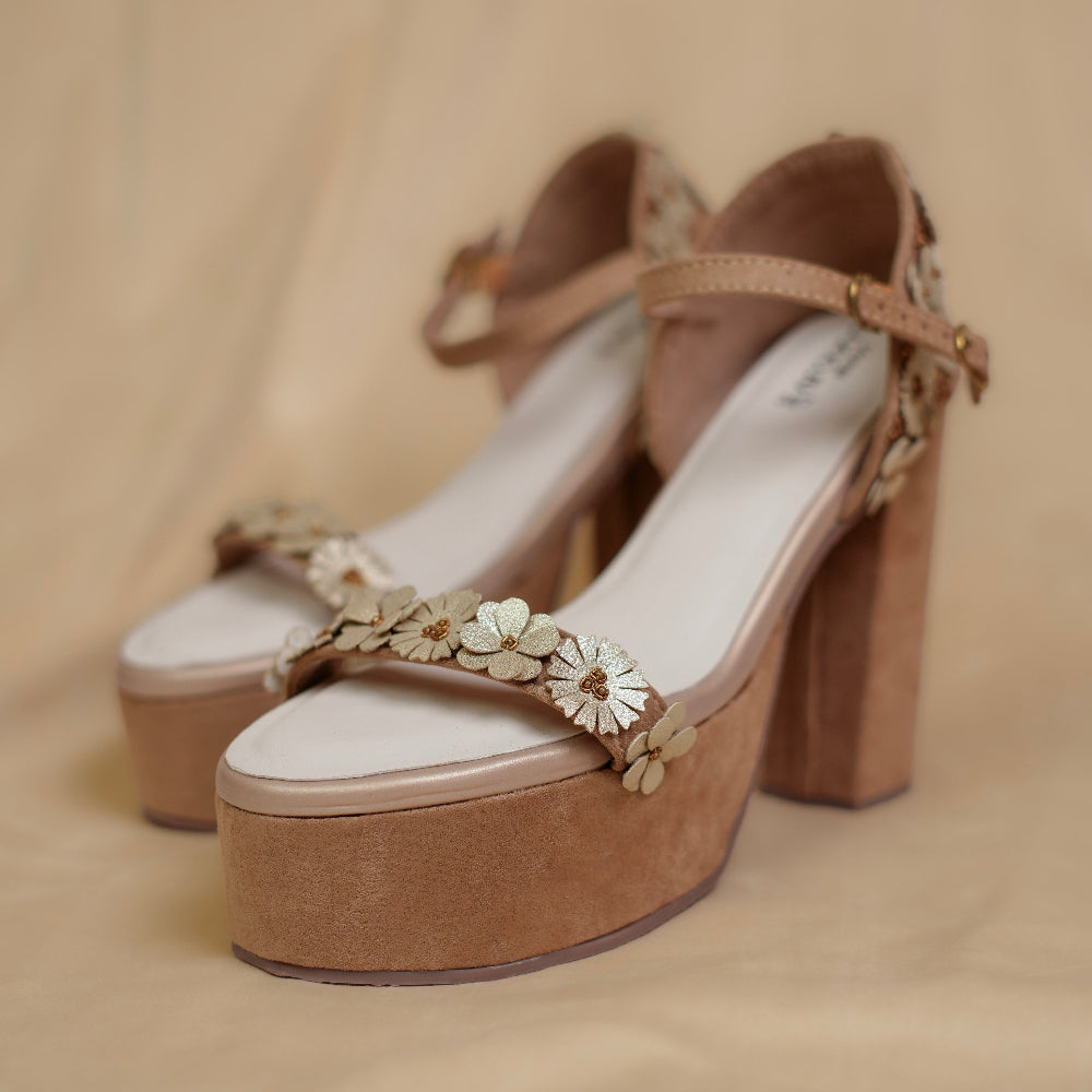 Taupe platform heels with 3D flower single strap and slingback
