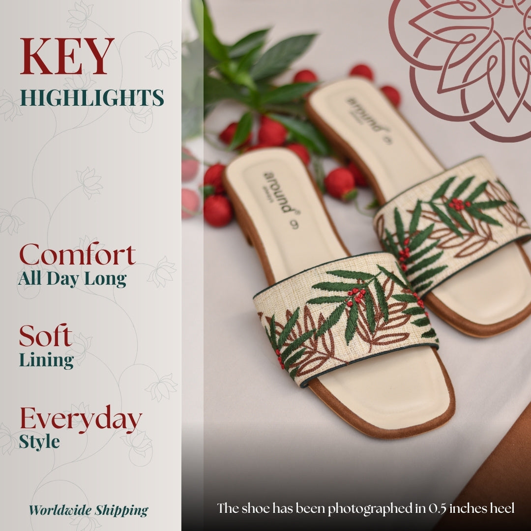 Casual sliders with hand embroidered leaves and subtle red cherry pattern