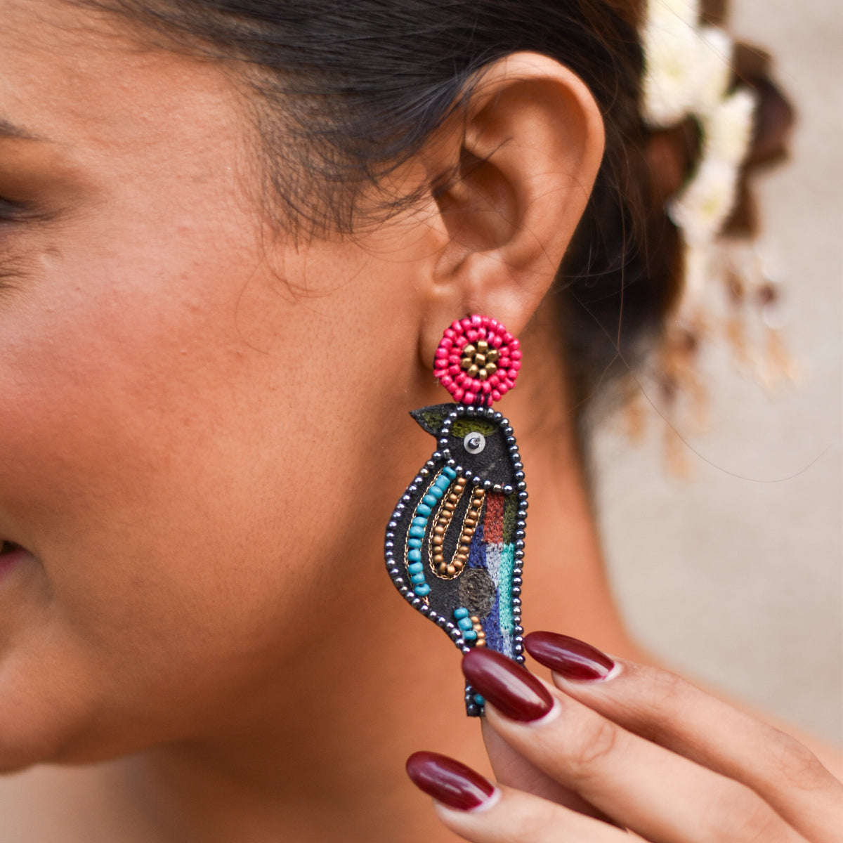 Quirky Chidiya Earrings with hand embroidery to team up with casual dresses