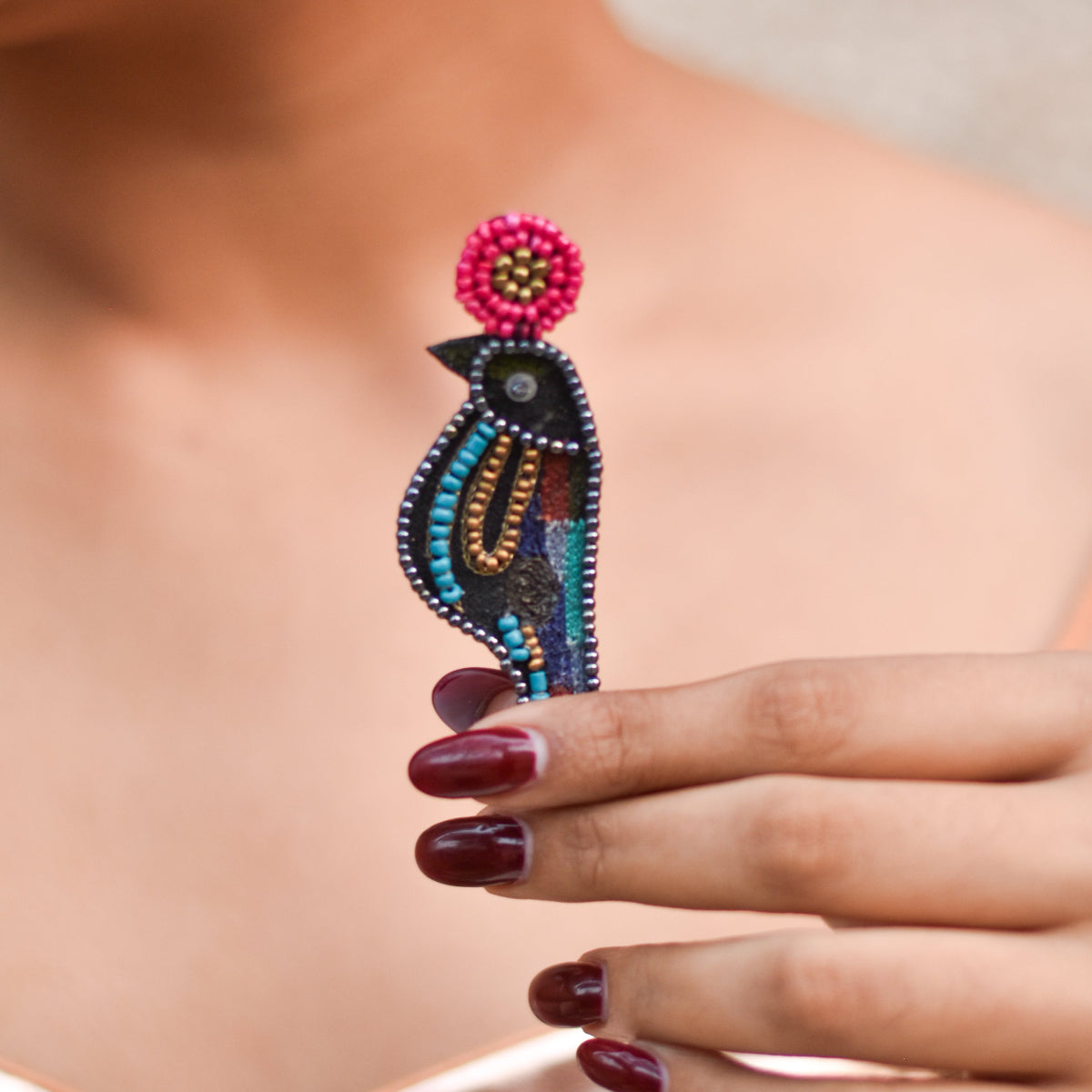 Colorful beaded bird earrings for brunch with bff