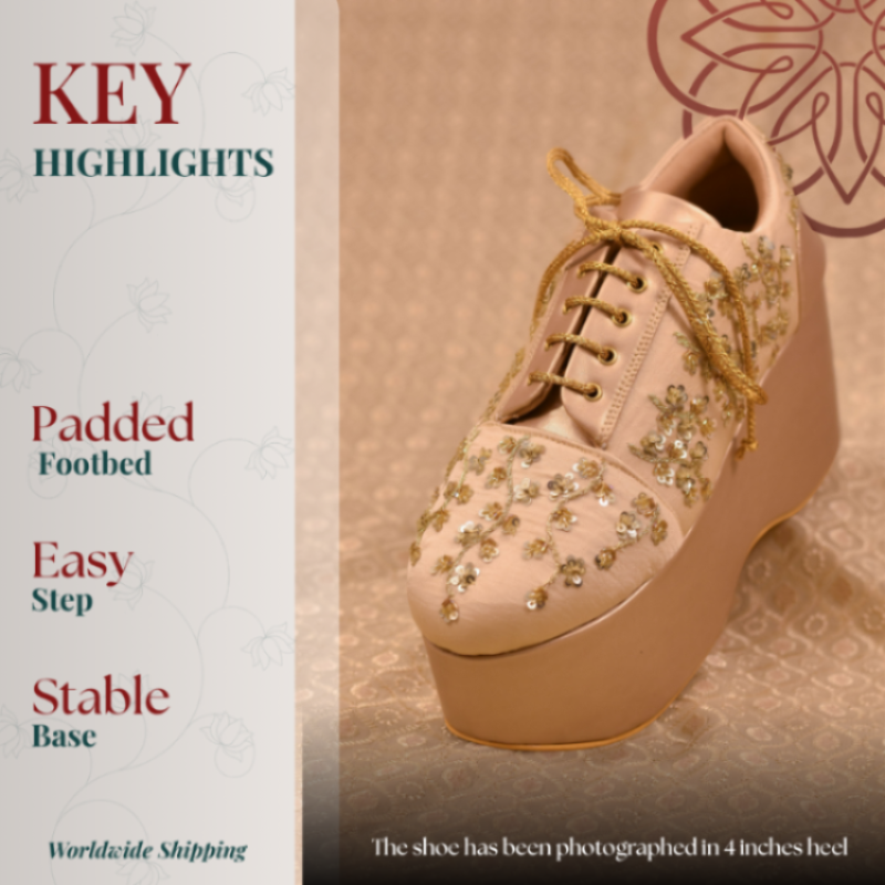 Festive embroidered sneaker wedge with subtle shimmer detailing, durable platform, and easy step comfort