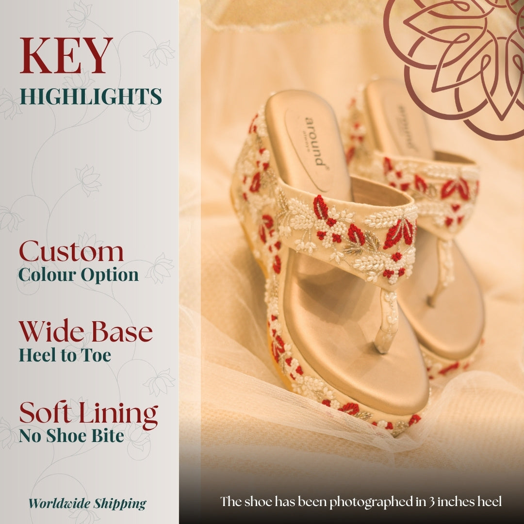 Neutral wedge footwear with handcrafted embroidery and comfort fit