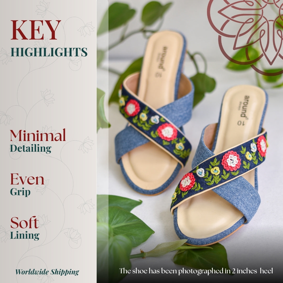 Casual chic cross strap flats with colorful floral threadwork