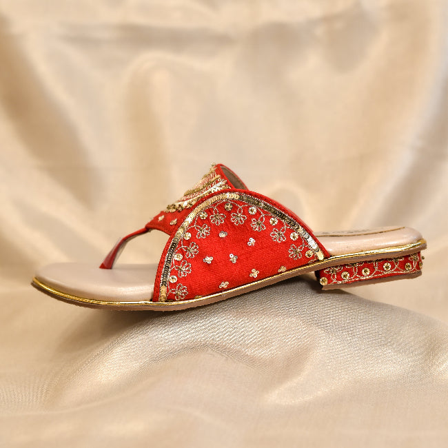 Wedding ready red heels with embroidered front strap and anti skid sole