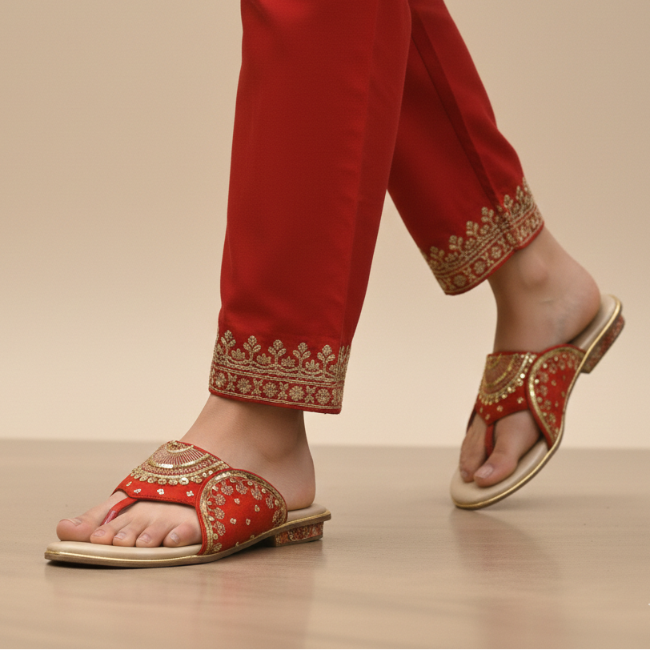 Red occasion footwear with embellished strap and low heel