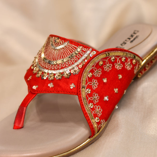 Indian bridal red sandals with toe strap and cushioned insole