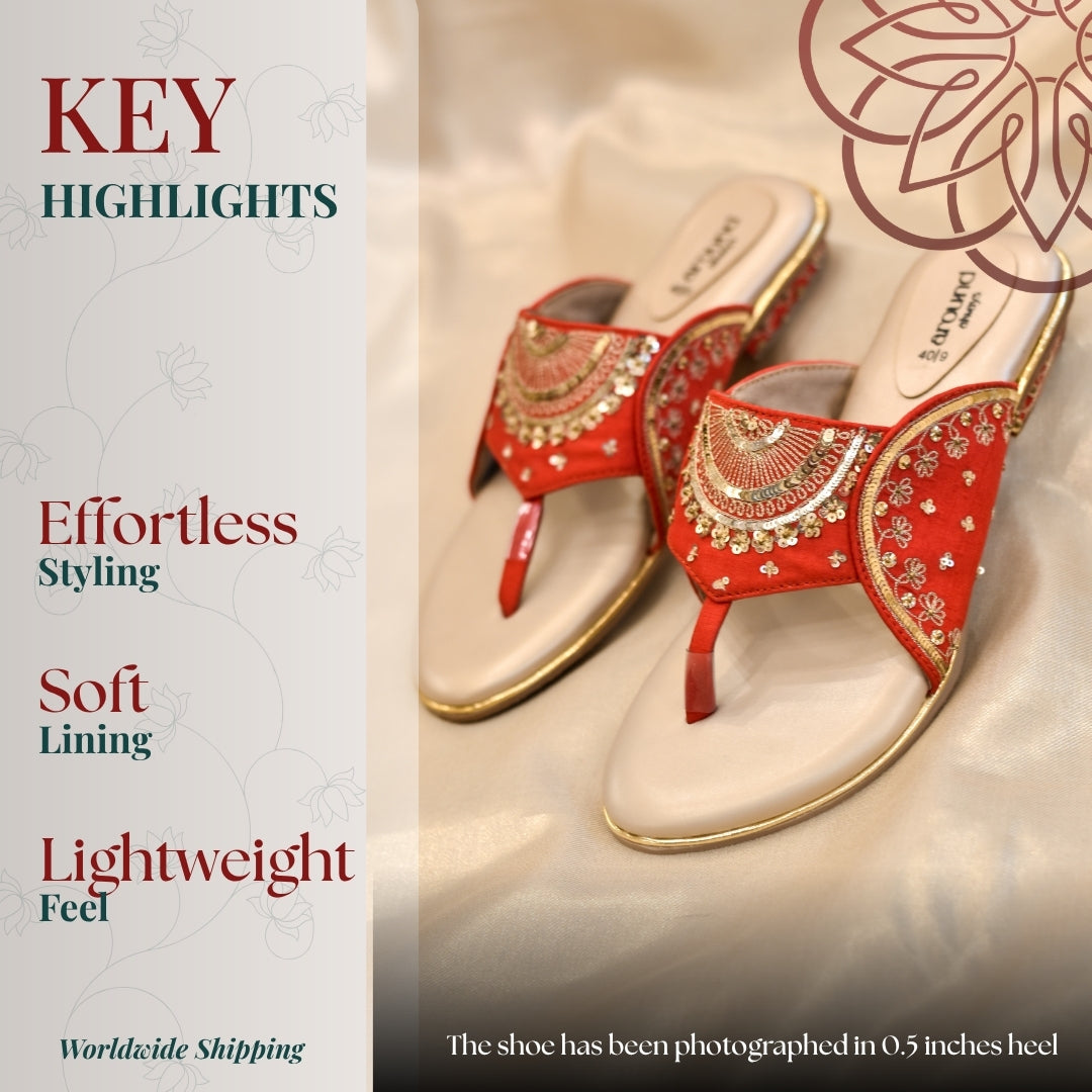 Handcrafted red ethnic flats with ornate gold embellishments and open toe design