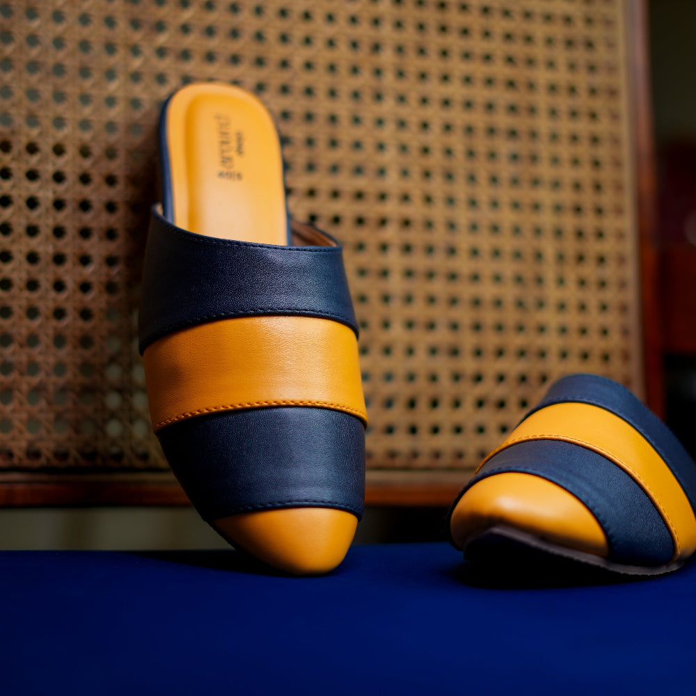 Navy and mustard colour-block pointed-toe mule with low block heel