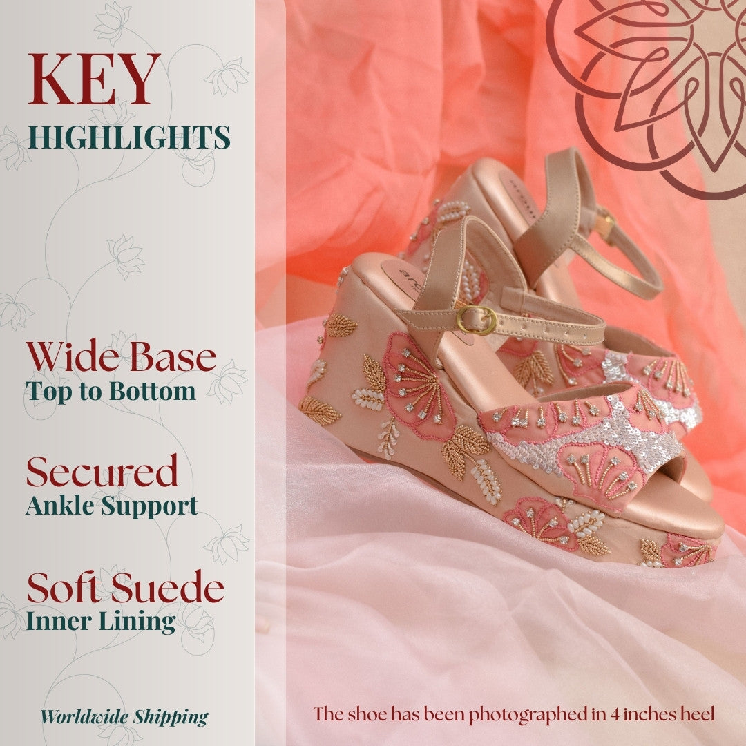 Lightweight pastel wedge heels with silver sequins floral detailing with ankle strap
