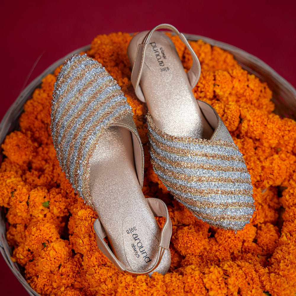 Gold and silver textured mule with broad front strap
