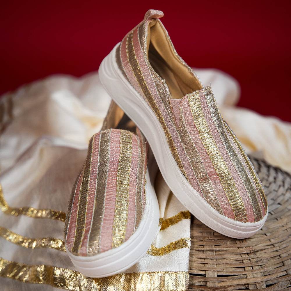 Metallic striped pink sneaker with cushioned footbed
