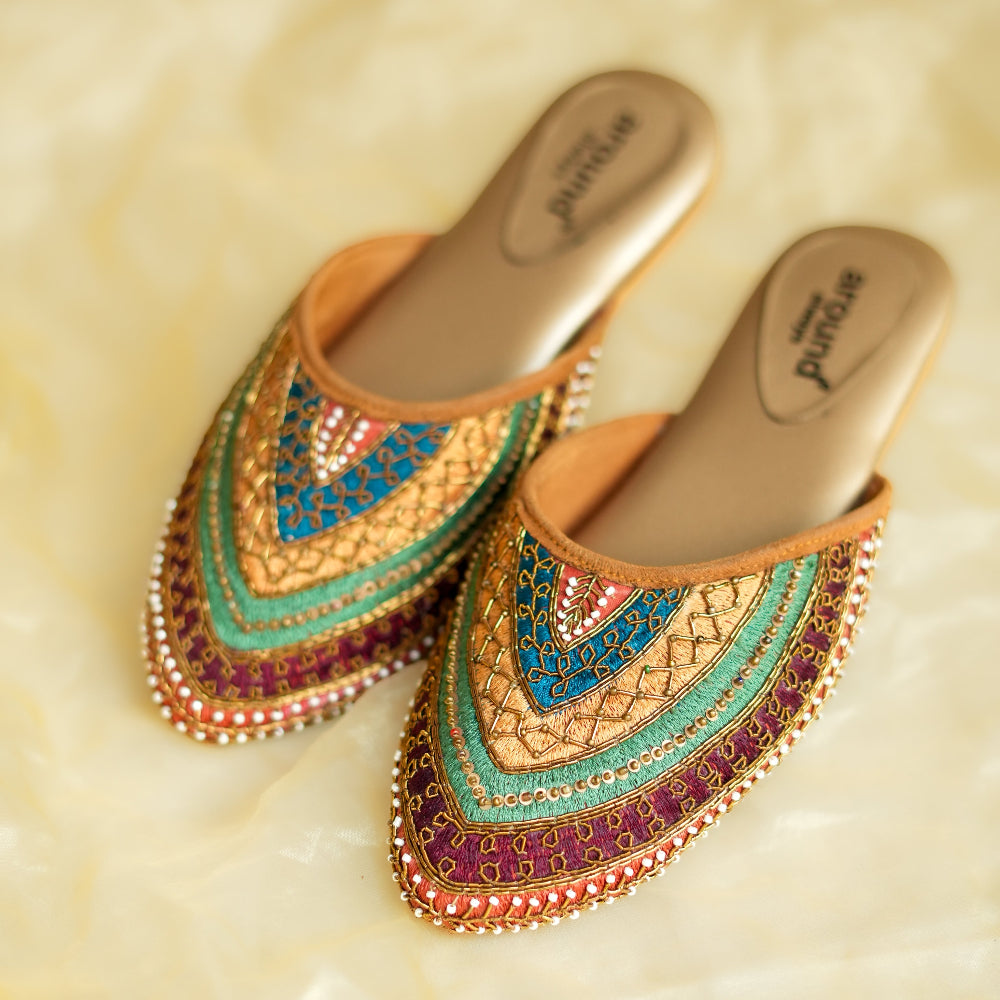 Multicolour embroidered pointed mule with intricate geometric threadwork
