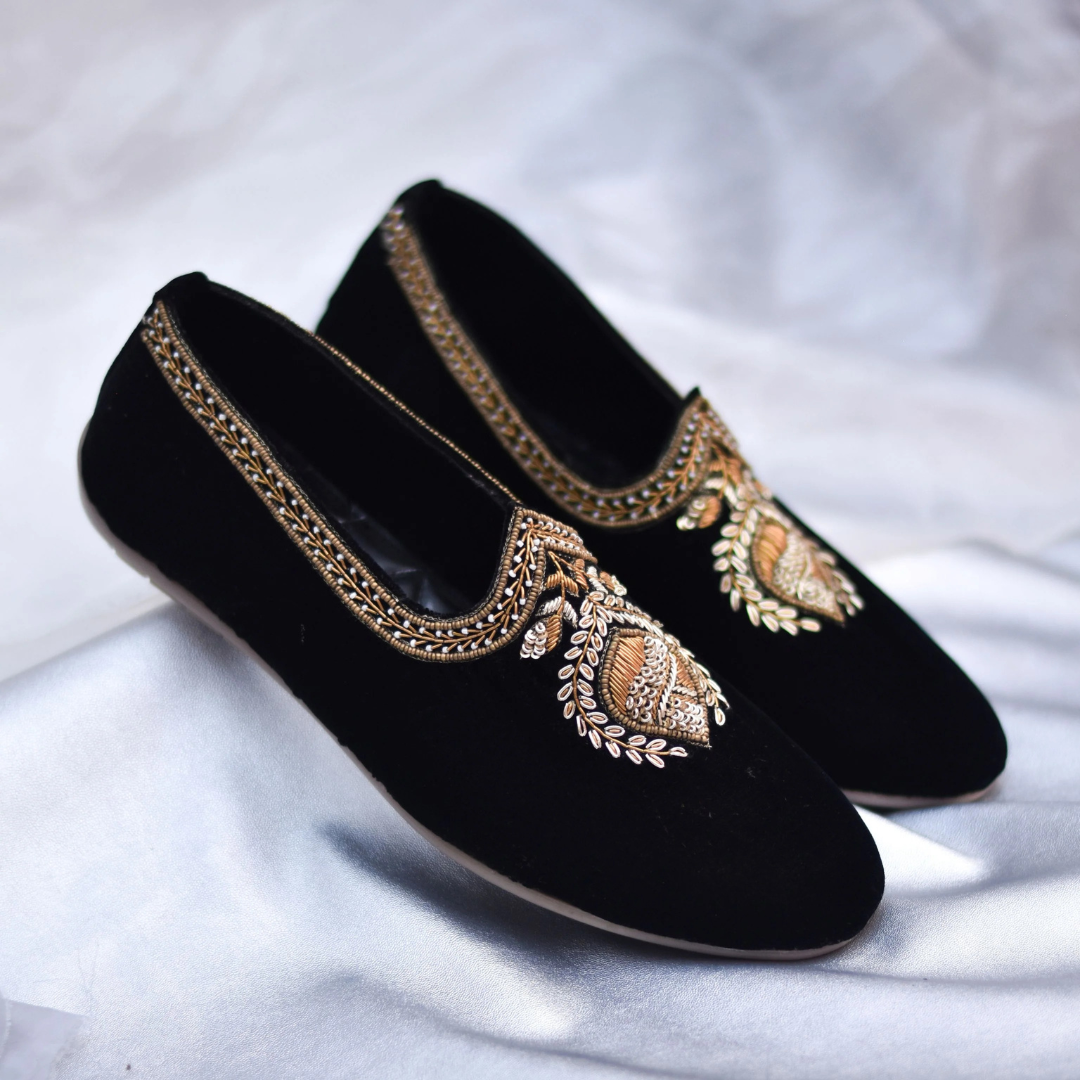 Black velvet ethnic loafers with gold zardozi embroidery for wearing under sherwani and kurta 