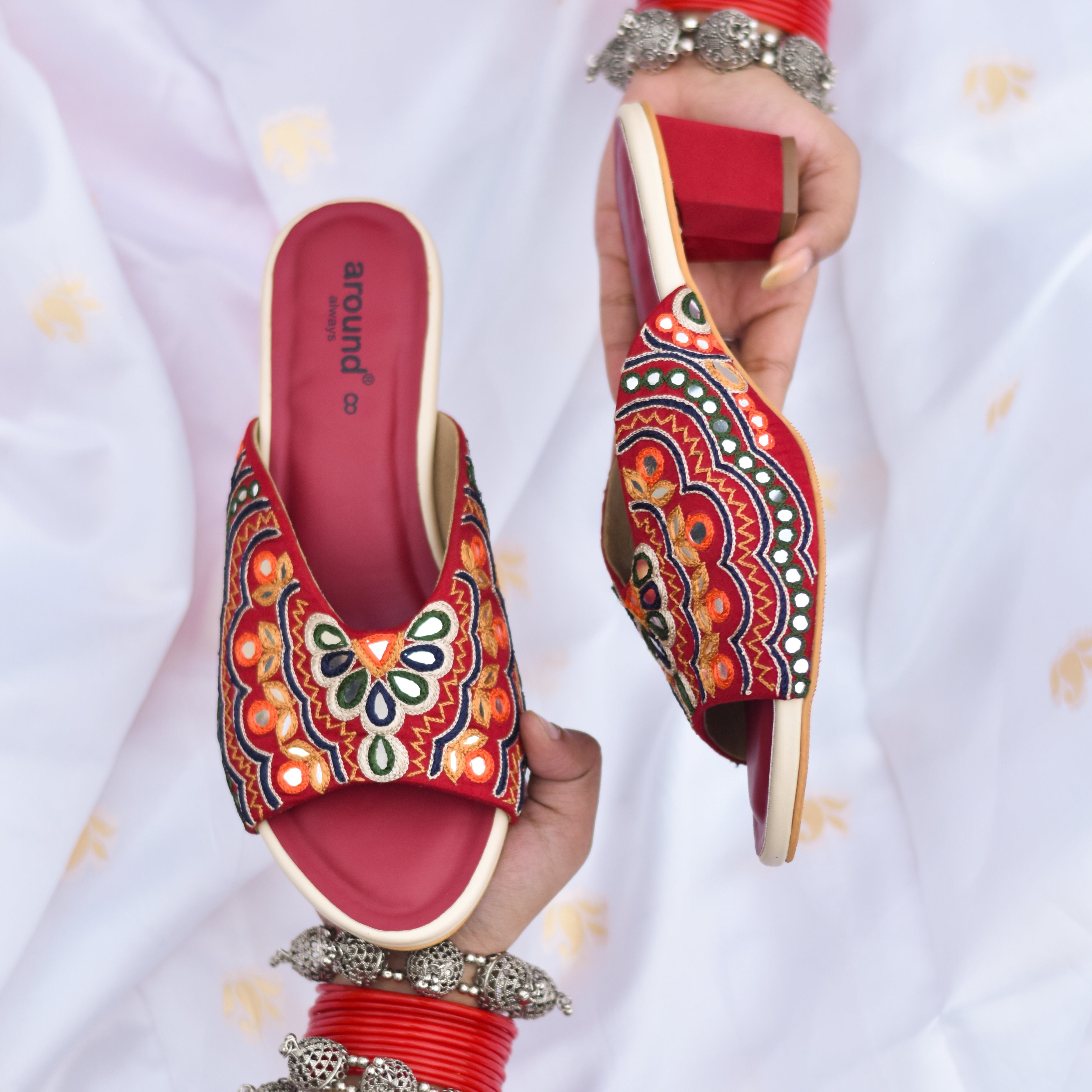 Dhara Peep Toe Sandals Multicolour Threadwork Shoes
