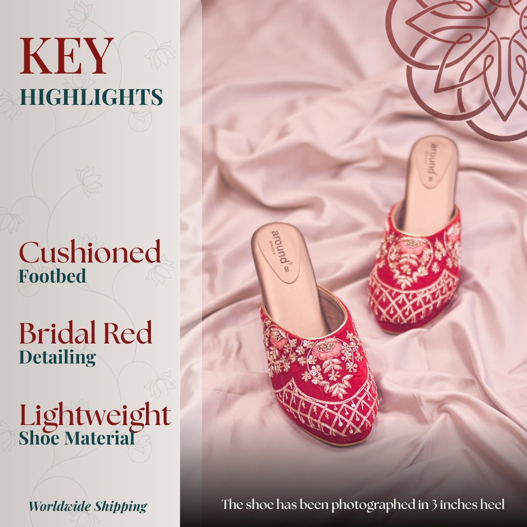 Festive red flats with detailed embroidery and elegant finish