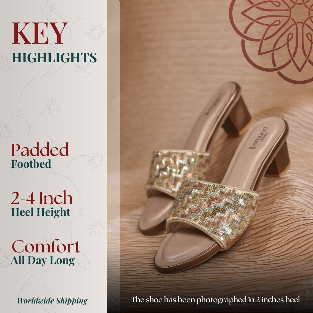 Gold sequin embroidered mule heels with block heel