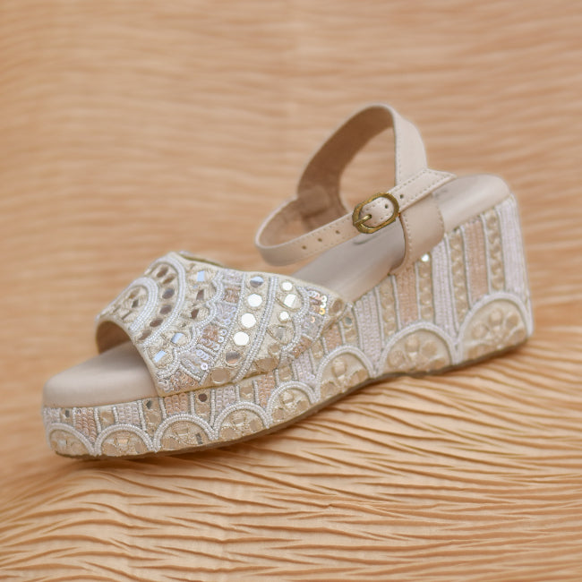 Wedding platform sandals in ivory with ankle buckle and wedges