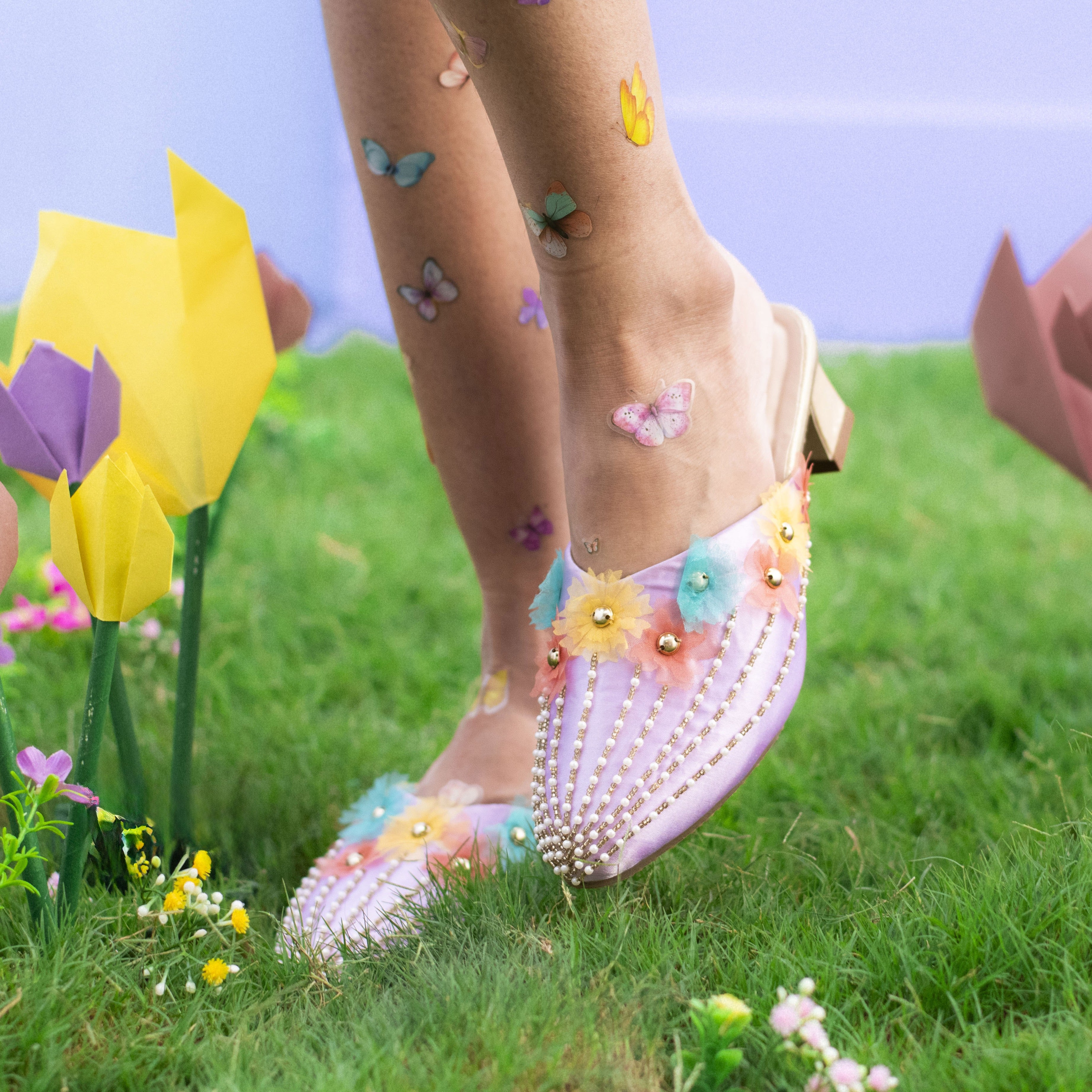 Statement lavender heels with layered floral design and anti-skid sole