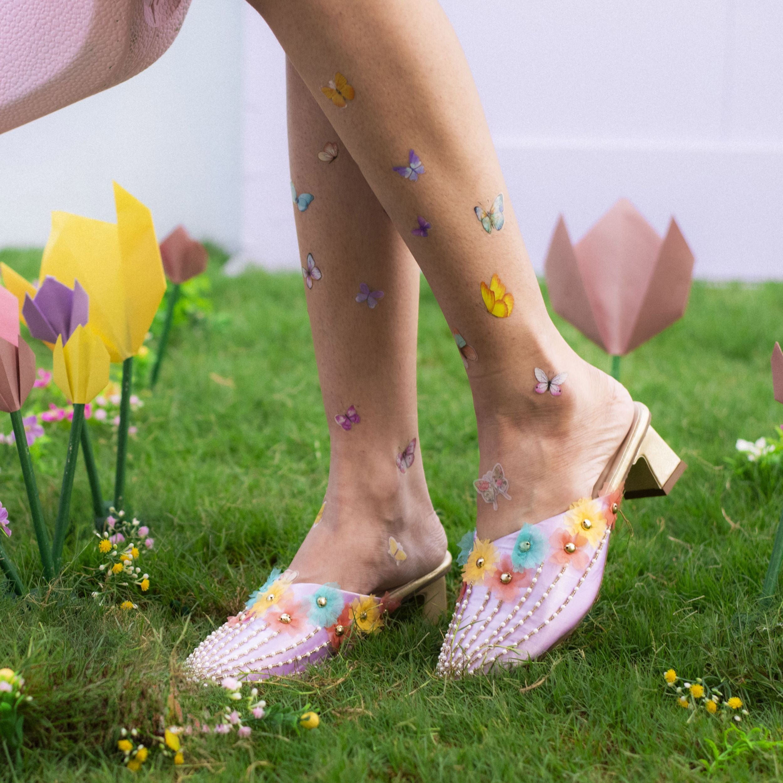 Pastel embellished slip-on heels with delicate bead embroidery