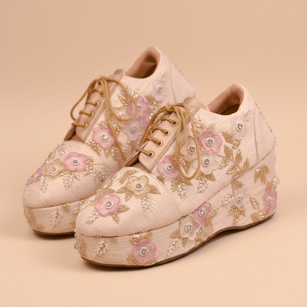 Beige wedding sneakers with pastel floral embroidery