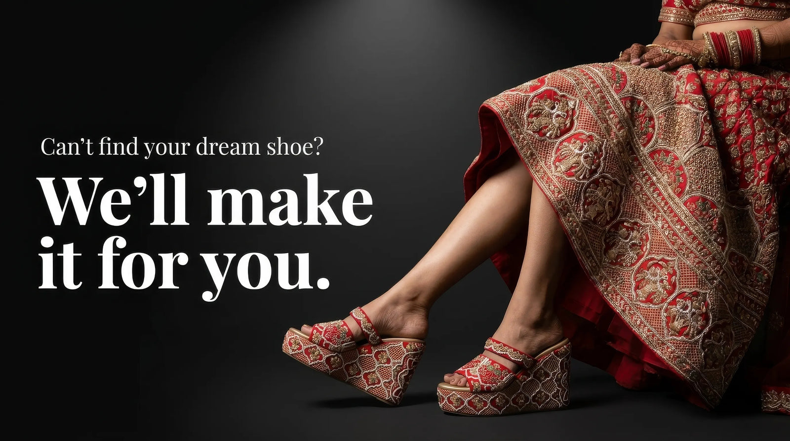 Indian bride wearing an elaborate Ethnic Wedge with 5 inch heels with her red lehenga  