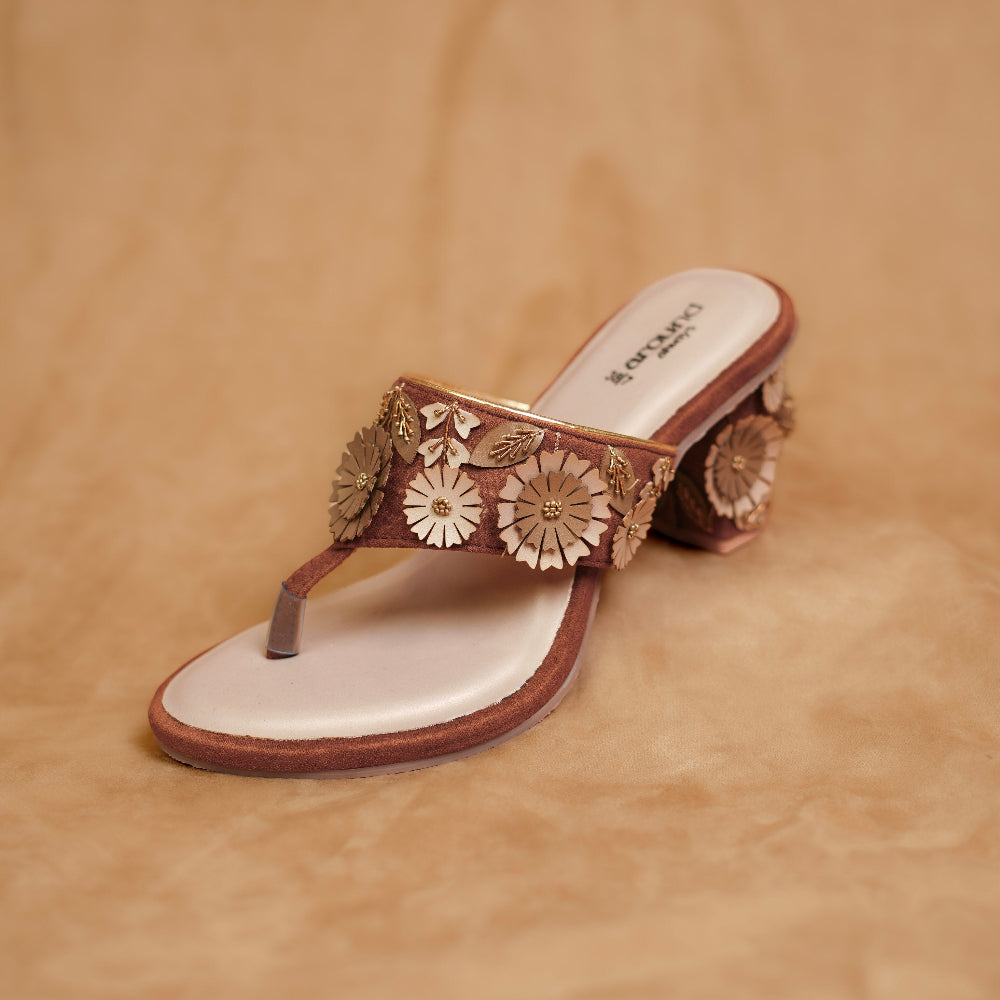 Brown Kolhapuri style sandal with 3D flower detailing
