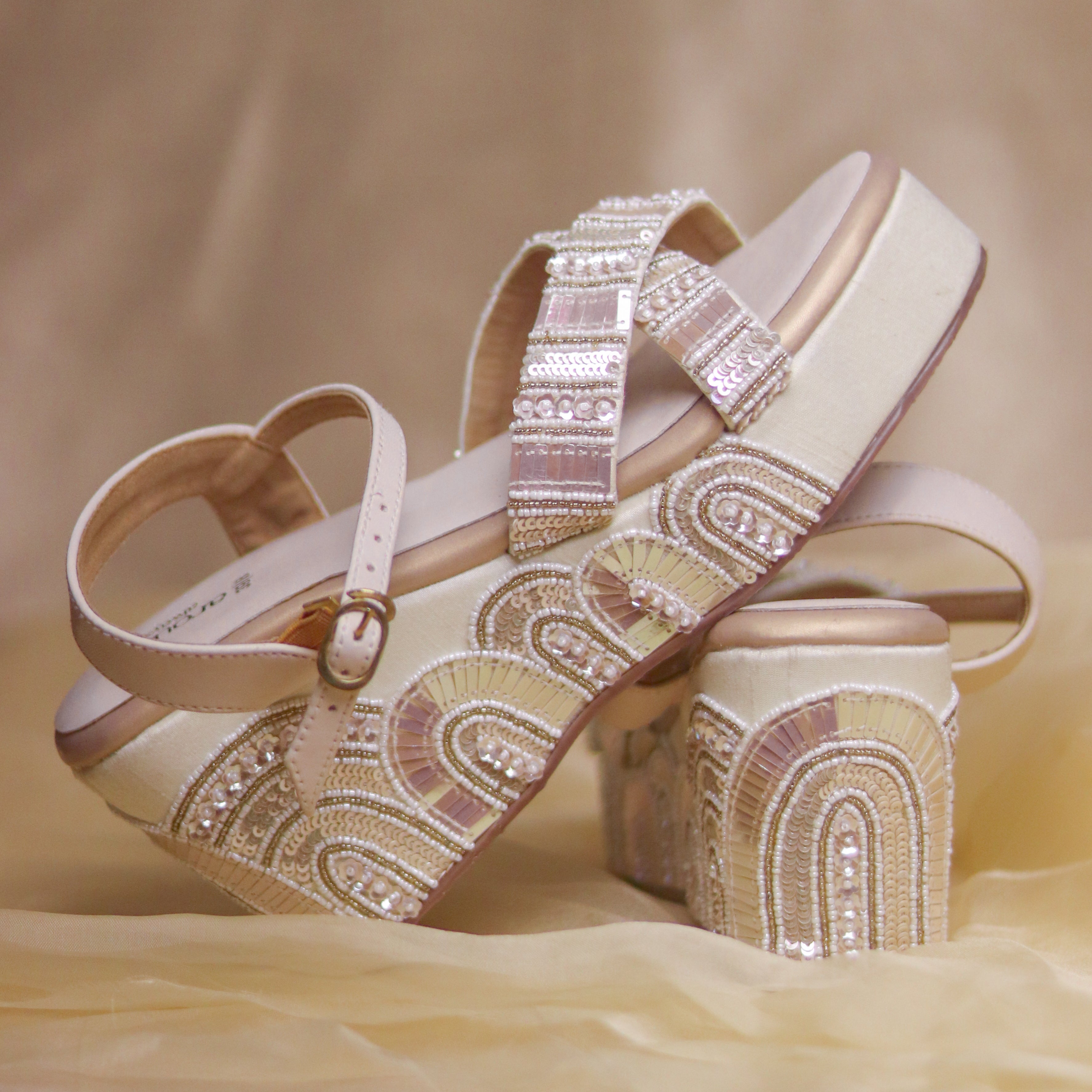 Handcrafted beige bridal wedges with sequins and pearls