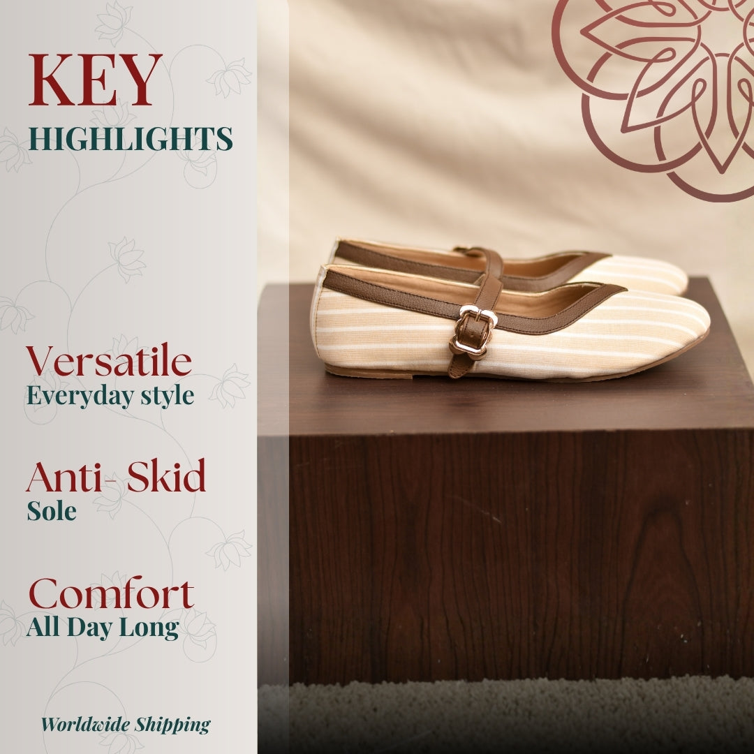 Neutral striped pointed bellies with contrast brown trim, buckle strap, and lightweight build for versatile daily styling